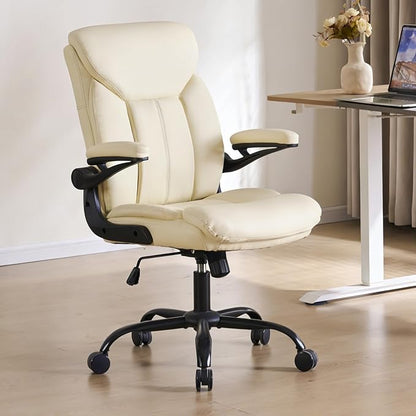 Home Office Ergonomic Desk Chair - Comfy Leather Executive Chair with Flip-Up Armrests, Height Adjustable Computer Chair for Gaming, 360° Swivel & Rocking (Beige)
