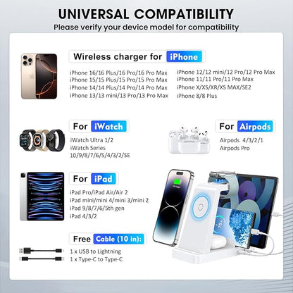 GAUOLN Wireless Charger for iPhone - 5 in 1 Charging Station for Multiple Devices Apple: Fast Wireless Charging Stand Dock for iPhone 17 16e 16 15 14 13 12 Pro Max Apple Watch Airpods(White)