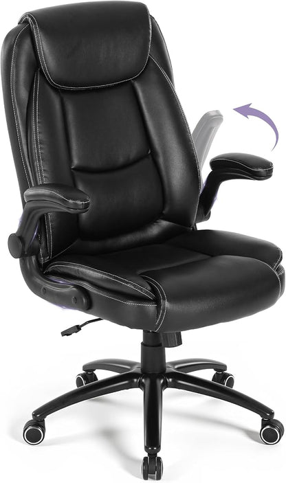 400lbs Capacity Executive Desk Chair with Ergonomic Lumbar Support, Flip-up Arms & High Back Leather Computer Chair for Home/Office, Black