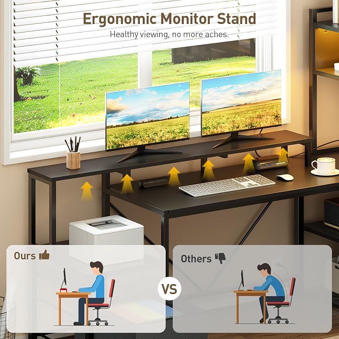 RALGEND 75" L Shaped Gaming Desk with Drawers, Computer Corner Desk with Storage Shelves for Home Office, Gaming Desk with Monitor Stand, Hutch, LED Light & Power Outlet, Black