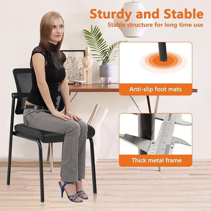 CLATINA Stackable Mesh Office Chair Armless Guest Waiting Stacking Chair with Ergonomic Lumbar Support & Leather Seat Cushion, for Conference, Lobby, School, Reception, BlackTotal Budget, Black
