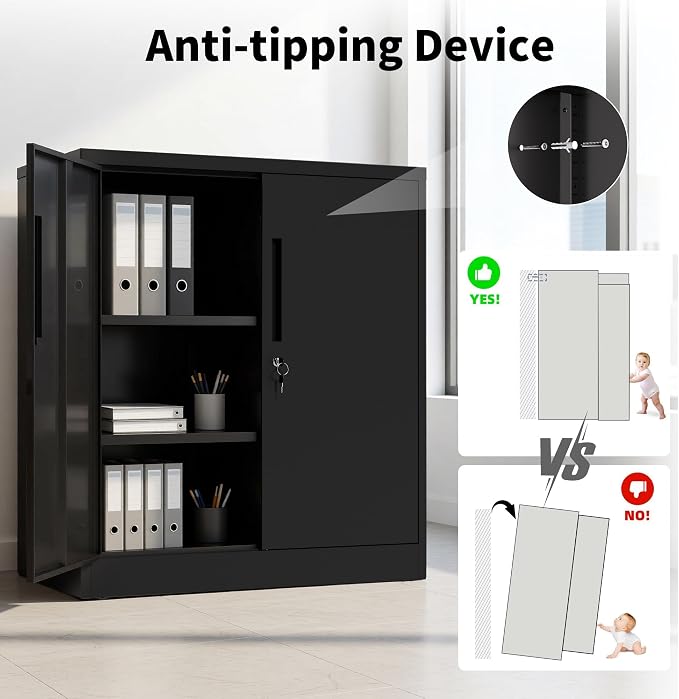 36"H Storage Cabinet with Doors and Shelves, Metal Cabinet with Lock, Steel Locking File Cabinet, Lockable Storage Cabinet, Garage Cabinet, Tool Cabinet for Home, Office,Garage, School, Black