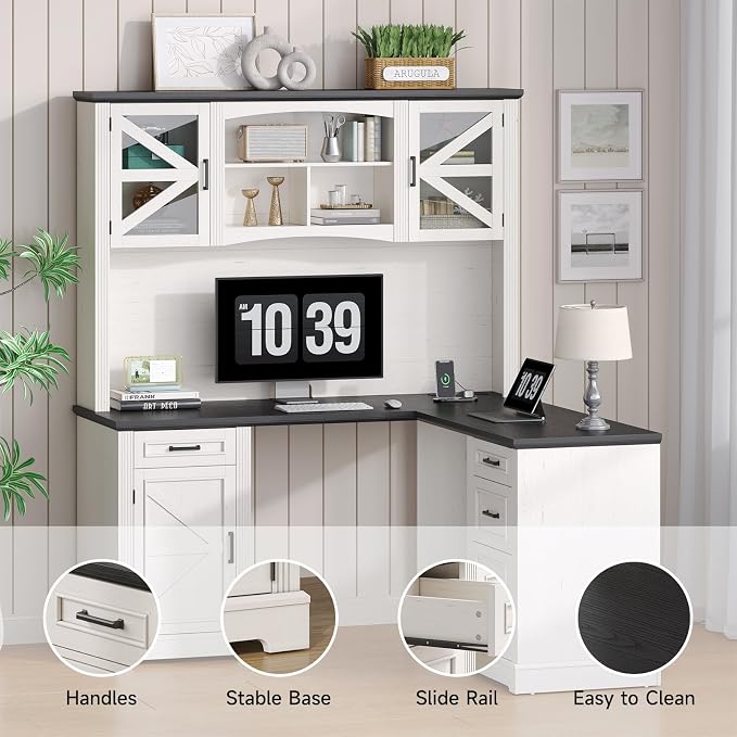 ONBRILL 72" L-Shaped Executive Desk with Hutch, Farmhouse L-Shaped Computer Desk with 4 Drawers, File Drawer and Power Outlet, Home Office Computer Desk for Living Room,Study Room (Off White& Black)