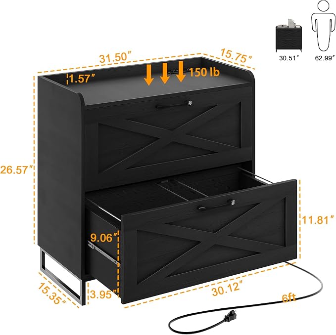 Halitaa Lateral File Cabinet with Charging Station, 2 Drawer File Cabinet for Letter/Legal/A4 Size Hanging Files, Large Wood File Storage Cabinets Printer Stand for Home Office, Black