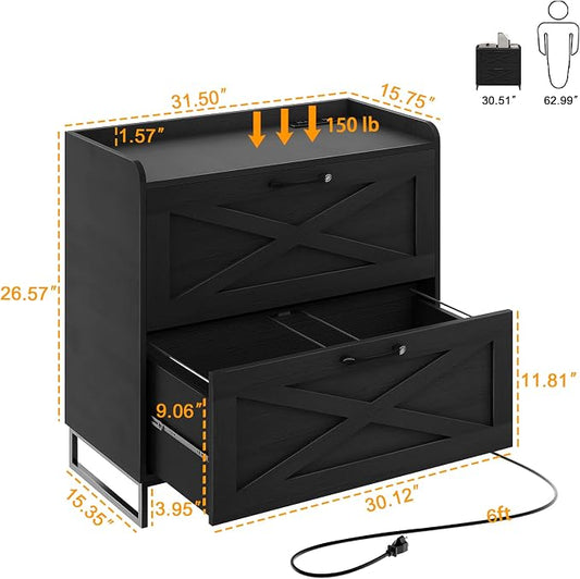 Halitaa Lateral File Cabinet with Charging Station, 2 Drawer File Cabinet for Letter/Legal/A4 Size Hanging Files, Large Wood File Storage Cabinets Printer Stand for Home Office, Black
