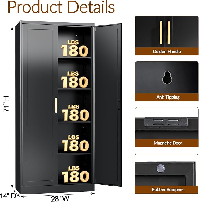 BESFUR 71" Tall Black Kitchen Pantry Cabinet, Metal Food Storage Cabinet with 4 Adjustable Shelves, Freestanding Cupboard with Doors for Kitchen, Dining Room, Living Room, Bathroom, Laundry Room