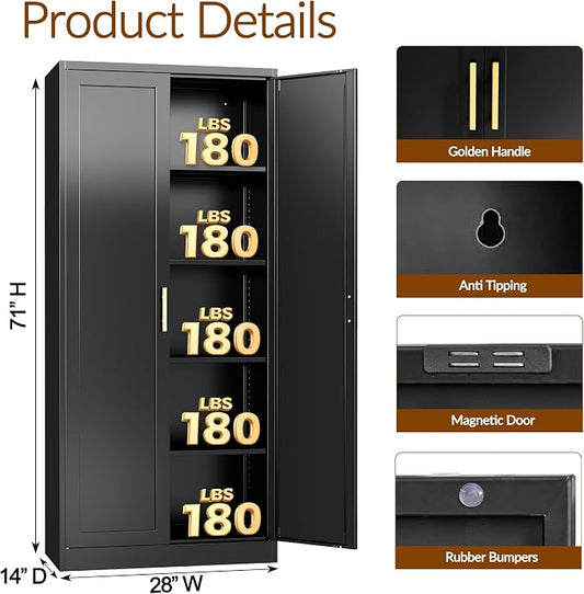 BESFUR 71" Tall Black Kitchen Pantry Cabinet, Metal Food Storage Cabinet with 4 Adjustable Shelves, Freestanding Cupboard with Doors for Kitchen, Dining Room, Living Room, Bathroom, Laundry Room
