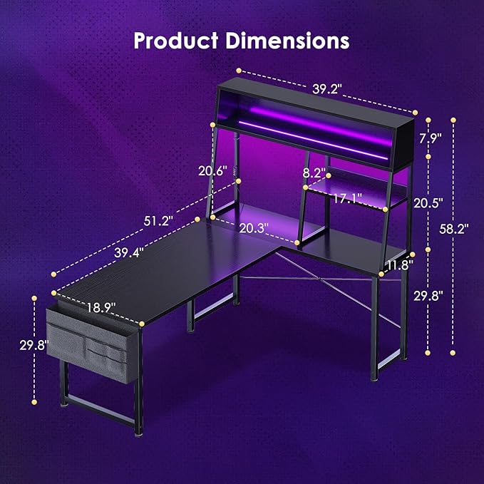 AODK L Shaped Gaming Desk with Led Lights, 51 Inch Reversible Gaming Computer Desk with Display Shelves, PC Gamer Desk Gamer Table with Storage Bag, L Desk for Game, Black