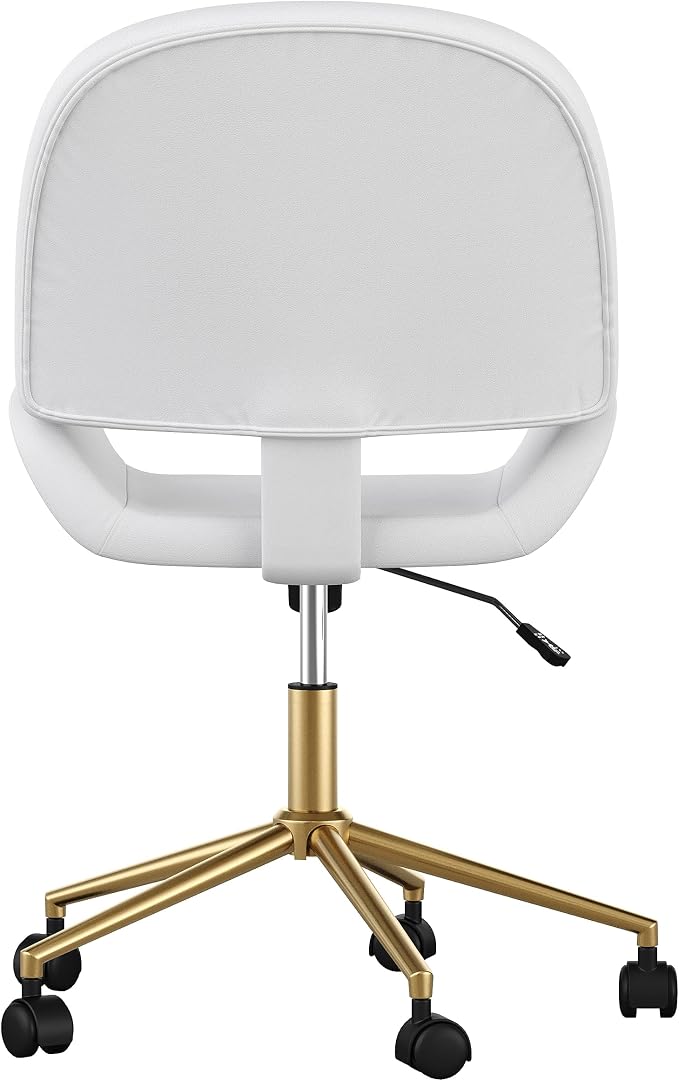 Martha Stewart Tyla Armless Swivel Task Chair for Home Office in White Faux Leather with Polished Brass Frame