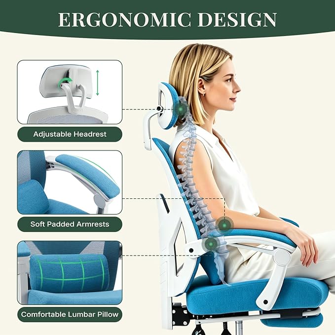 Ergonomic Office Chair with Footrest, High Back Home Desk Computer Chair with Lumbar Support & Headrest, 90-135° Reclining Mesh Back with Wheels for Work, Gaming, Blue