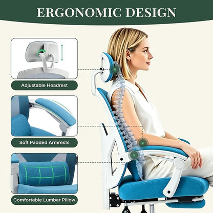 Ergonomic Office Chair with Footrest, High Back Home Desk Computer Chair with Lumbar Support & Headrest, 90-135° Reclining Mesh Back with Wheels for Work, Gaming, Blue