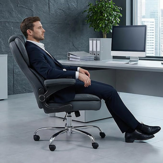 Office Desk Chair, Executive Leather Office Chair, High Back Ergonomic Home Desk Chair with Padded Flip-up Arms, Big and Tall Computer Chair with Rocking Function, 360°Swivel Free, Gray