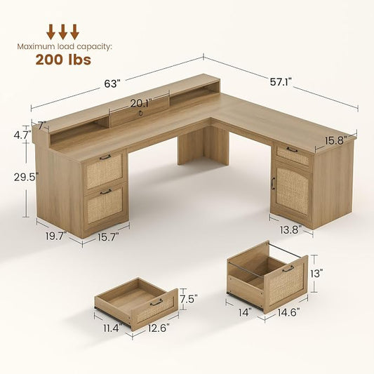 SEDETA 63" Rattan L Shaped Desk with Drawers, Farmhouse Corner Computer Desk, Wood Office Desk with File Drawers with Storage, Executive Desk with Monitor Stand and Storage Cabinet, Oak