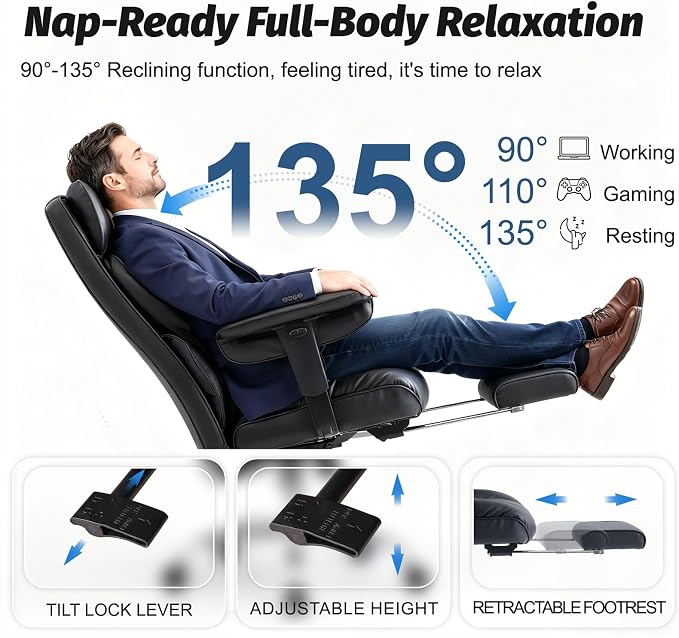 Efomao Executive Office Chair 400lbs, Black Big and Tall Desk Chair | Mattress-grade pocket spring cushion, sleek leather, 135° recline & footrest for computer gaming setup.