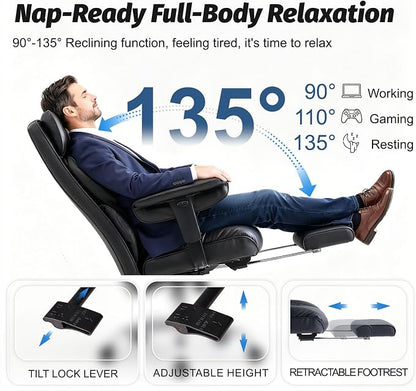 Efomao Executive Office Chair 400lbs, Black Big and Tall Desk Chair | Mattress-grade pocket spring cushion, sleek leather, 135° recline & footrest for computer gaming setup.