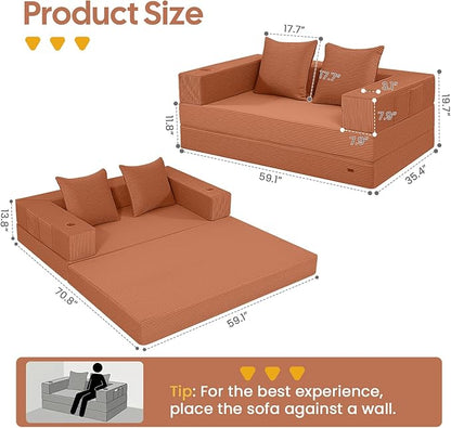 COMAX Futon Sofa Bed, 4‑in‑1 Convertible Sofa Bed, Folding Boneless Couches | Boneless Couch for living room, Fold Out Small Foldable Loveseat Floor Sleeper Mattress Lounge Space‑Saving, Light Orange