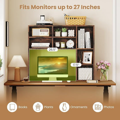 GOFLAME 7 Cubes Desktop Bookshelf, 37” Desk Organizer Shelf with 3 Adjustable Shelves, 3-Tier Wood Countertop Display Rack, Multipurpose Tabletop Desk Hutch for Dorm, Home Office, Rustic Brown