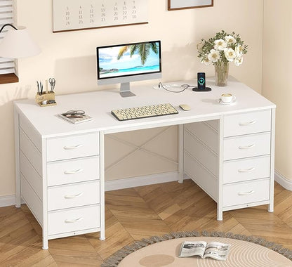 YOMILUVE 50 Inch White Computer Desk with 8 Drawers, Home Office Desk with Power Outlets, Work Study Gaming Desk with 8 Fabric Drawers, White