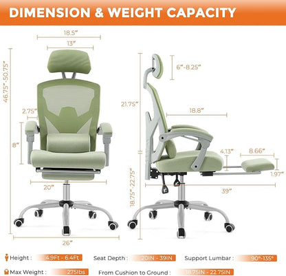 Sweetcrispy Office Computer Desk Chair Set of 2, Ergonomic High-Back Mesh Rolling Work Swivel Chairs with Wheels, Comfortable Lumbar Support, Comfy Arms for Home, Bedroom, Study, Student, Green
