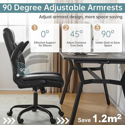 YFO Leather Office Ergonomic Home Office Desk Chair, Back Support Swivel Executive Office Chair with Wheels and Flip-Up Armrests, Small Gaming Chair with Adjustable Rocking Function, Black