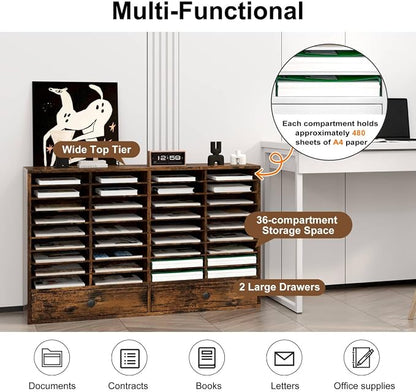 TQAVI Wood Classroom Mailbox 36 Compartments with 2 Drawer, Large Paper Organizer with Adjustable Shelves to Sorting Literature Bill, A4 Size File Organizer for Office School Home, Antique Brown