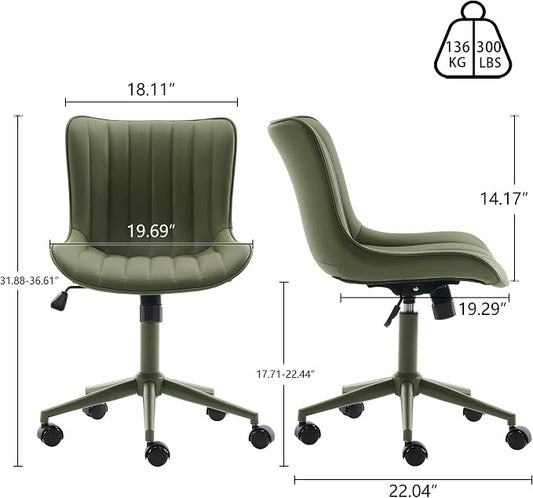 YOUNIKE Home Office Desk Chair with Wheels Armless Vanity Chair with Back Comfy Modern Leather Upholstered Rolling Task Chair Swivel Small Cute Sewing Chair No Arms Wide Adjustable Sage Green