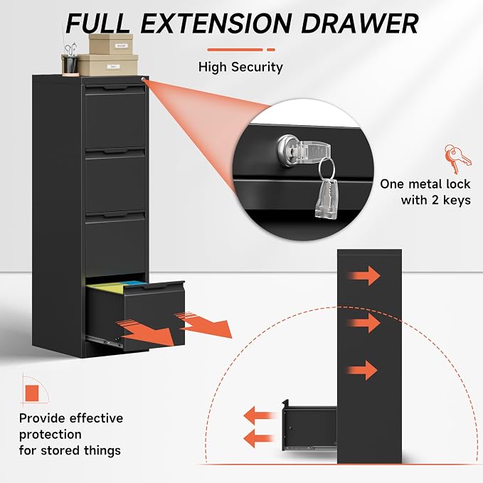4 Drawer File Cabinet,Metal Vertical File Storage Cabinet with Lock,Filing Cabinets for Home Office,A4 Legal/Letter-Assembly Required/Black