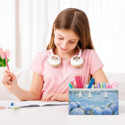 Coastal Beach Blue Hydrangea Pen Pencil Holder for Desk, Blue Pencil Holders Wooden Box Organizer for Girls Room Bedroom Dorm Desk Tabletop,Hydrangea Home Decor