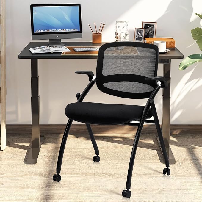 CLATINA Stackable & Foldable Conference Chair with Wheels, Ergonomic Mesh Back, 300lbs Capacity, Breathable Padded Seat, Adjustable Armrests, Office Chair for Reception, Training, Home, Black, 10PK