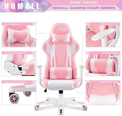 Homall Gaming Chair, Office Chair High Back Computer Chair Leather Desk Chair Racing Executive Ergonomic Adjustable Swivel Task Chair with Headrest and Lumbar Support(Pink)
