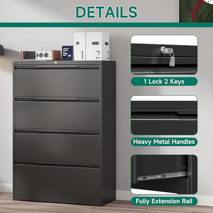 Metal Steel Filling Cabinets for Home Office - 4 Drawer Lockable Lateral File Cabinet for Hanging Files Letter/Legal/F4/A4 Size, Assembly Required - Black