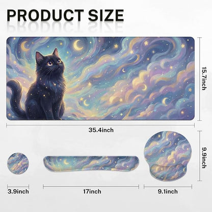 Britimes Starry Clouds Keyboard Mouse Pad Set Whimsical Cat 4in1 Large Mousepad+Keyboard Wrist Rest+Mouse Wrist Rest+Coaster Ergonomic Design for Home Office Computer 35.4x15.7 inches