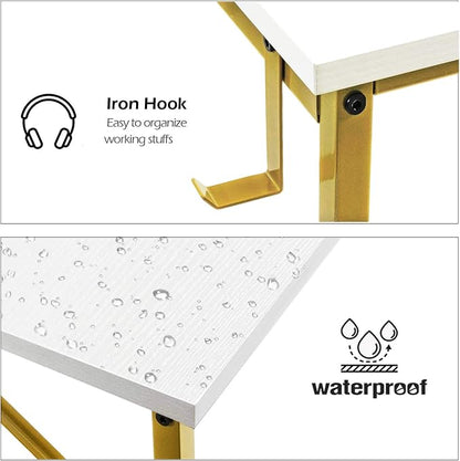 Lufeiya Computer Desk Small White Gold Writing Table for Home Office Compact Spaces 39 Inch Modern Student Study Desk,White Gold
