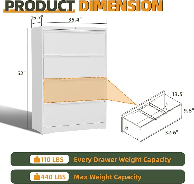 Lateral File Cabinet, 4 Drawer Lateral File Cabinet with Lock, Metal Lateral Filing Cabinet for Home Office, Office Organization Cabinet for Letter/Legal/F4/A4 Size