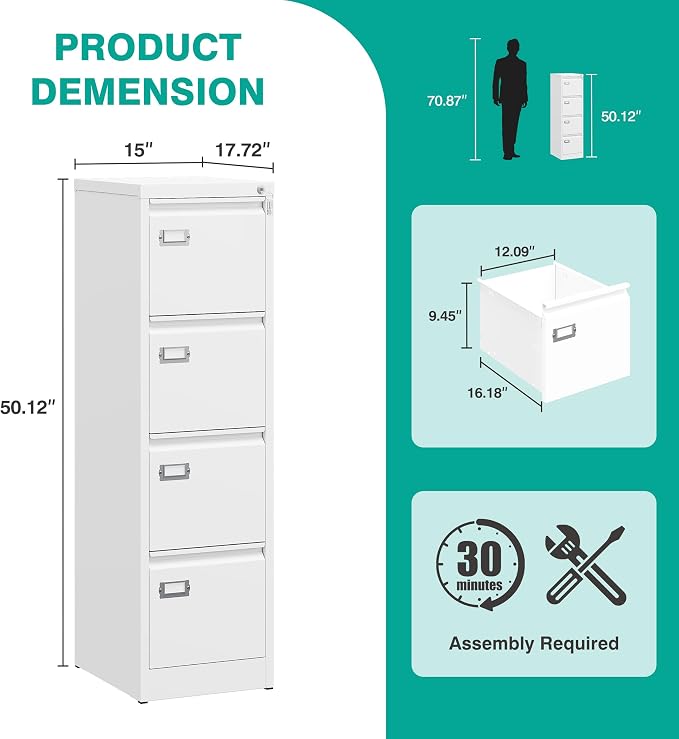 SISESOL 4 Drawer File Cabinet with Lock and Tag,White Vertical File Cabinet,Narrow Locking Filing Cabinets with Drawers,Metal Filing Storage for Home Office Fit A4 Legal/Letter Size