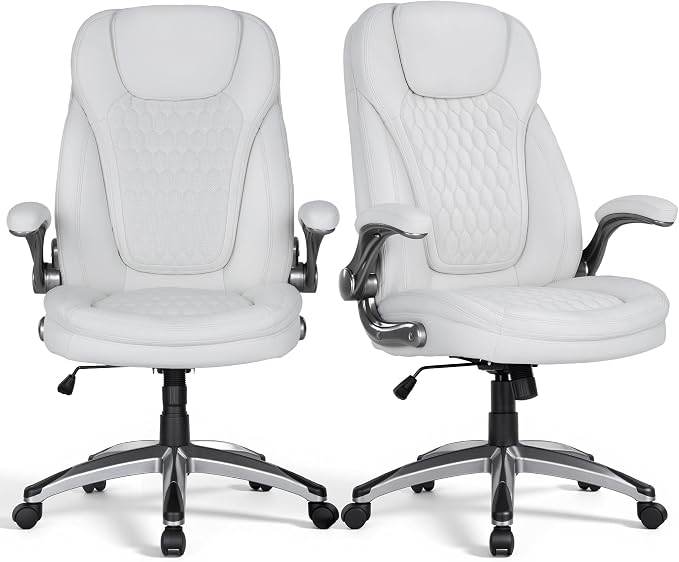 COLAMY Office Chair Ergonomic Desk Chair Set of 2-Executive Office Chair with Upgraded Caters, High Back Computer Chair Flip-up Arms, Swivel Leather Chair for Work/Study, 300lbs, White