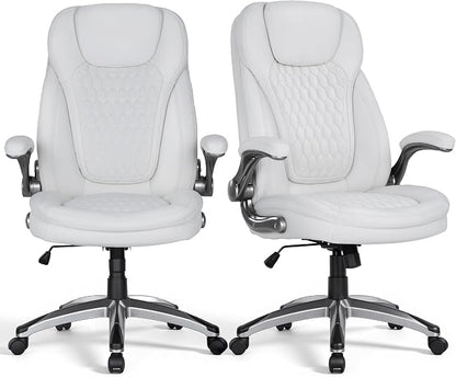 COLAMY Office Chair Ergonomic Desk Chair Set of 2-Executive Office Chair with Upgraded Caters, High Back Computer Chair Flip-up Arms, Swivel Leather Chair for Work/Study, 300lbs, White
