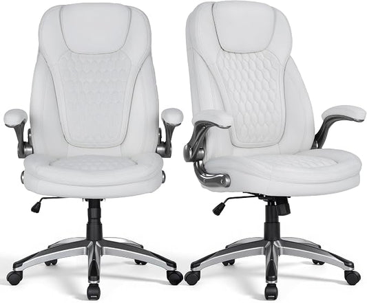 COLAMY Office Chair Ergonomic Desk Chair Set of 2-Executive Office Chair with Upgraded Caters, High Back Computer Chair Flip-up Arms, Swivel Leather Chair for Work/Study, 300lbs, White