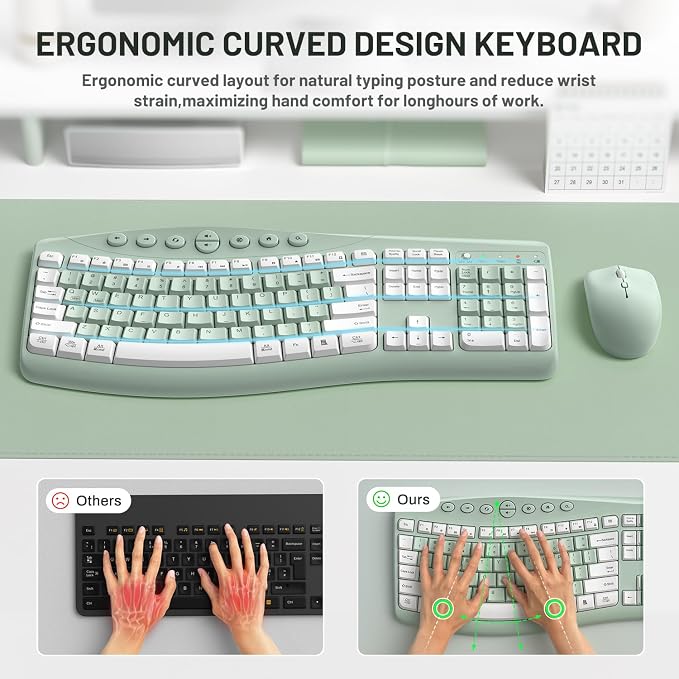 Wireless Keyboard and Mouse Combo,2.4G Full Size Ergonomic Curved Silent Keyboard with Fn Multimedia Keys for Office and Home, 3-DPI Quiet Mouse for Windows,Mac OS Desktop/Laptop/PC(Avocado Green-A)