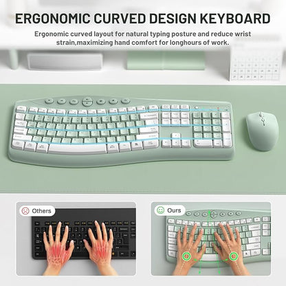 Wireless Keyboard and Mouse Combo,2.4G Full Size Ergonomic Curved Silent Keyboard with Fn Multimedia Keys for Office and Home, 3-DPI Quiet Mouse for Windows,Mac OS Desktop/Laptop/PC(Avocado Green-A)