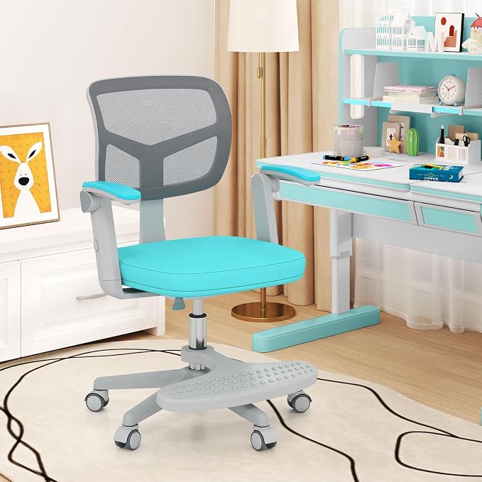 Giantex Kids Desk Chair, Ergonomic Adjustable Student Rolling Chair with Footrest & Flip-up Armrest, Mesh Children Office Chair with Universal Wheels, Kids Computer Chair for Boys & Girls, Turquoise
