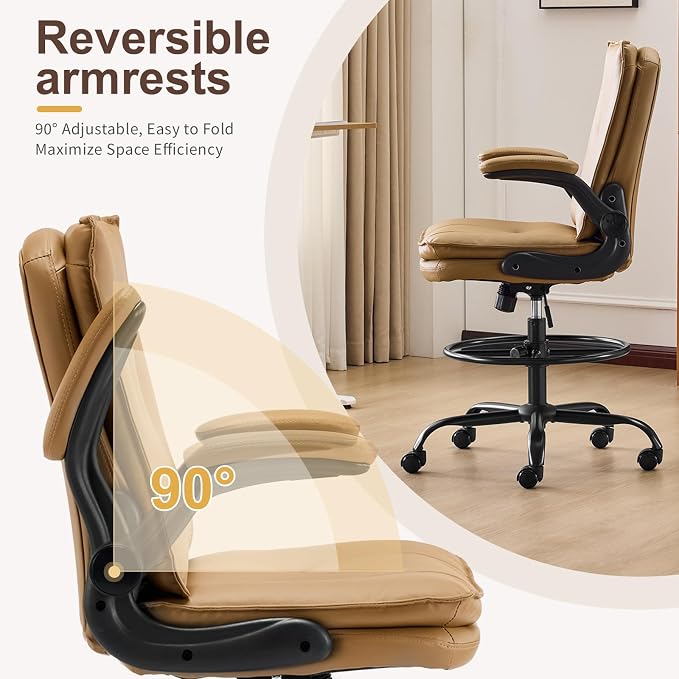 Karl home Tall Drafting Chair, Faux Leather Khaki | 330Lbs Capacity, Tall Office Chair for Standing Desk, Adjustable Height with Foot Ring, Flip-Up Armrests, PU Executive Chair