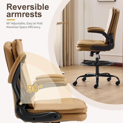 Karl home Tall Drafting Chair, Faux Leather Khaki | 330Lbs Capacity, Tall Office Chair for Standing Desk, Adjustable Height with Foot Ring, Flip-Up Armrests, PU Executive Chair