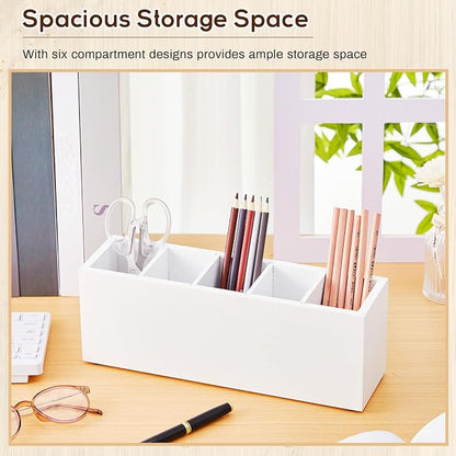 Jetec Wooden Pencil Pen Holder for Desk 5 Compartments Cosmetic Makeup Brush Stationery Office Desktop Organizers for Countertop Adjustable Silverware Caddy for Party, Art Supplies,Home(White)