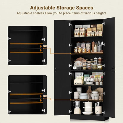 Cyclysio Storage Cabinet Set of 2, 80" Tall Arched Bookcase with 4 Soft Close Doors, 12-Tier Wooden 2 Set Pantry with Adjustable Shelves, Seamless Fit Wall for Home Office, Living Room, Kitchen
