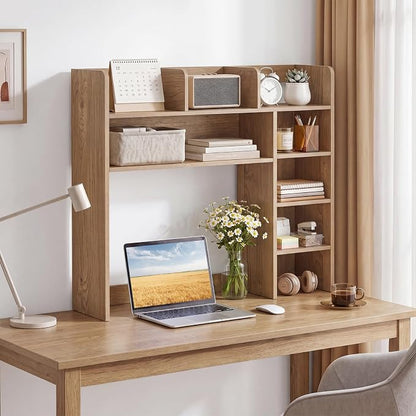 LDAILY Desktop Bookshelf with LED Lights, 35.5’’ Wooden Desk Shelf with 8 Cubes & 3 Adjustable Storage Shelves, 5-Tier Desk Hutch for Dorm College Office Computer Monitor Up to 25’’(Natural)