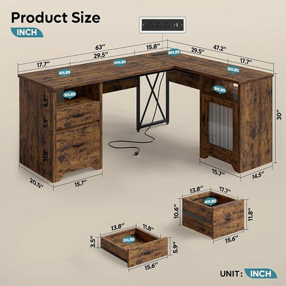 Bestier Farmhouse L Shaped Desk with Drawers, 63" x 47" Office Computer Desk with Charging Station & Fluted Storage Cabinet, Corner Desk with File Drawers, Modesty Panel for Home Office, Rustic Brown