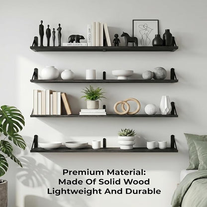 Long Wall Shelf,Large Floating Shelves for Wall,Wood Floating Bookshelves Hanging,Book Storage Display for Living Room Bedroom Office Bathroom Decor,4 Pack,57 Inch,Rustic Black