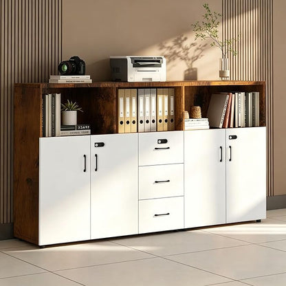 File Cabinet with Password Lock, Wood Lateral Filing Cabinet for Letter/A4 Files, 3 Drawer with Door, Printer Stand with Open Shelves for Home Office