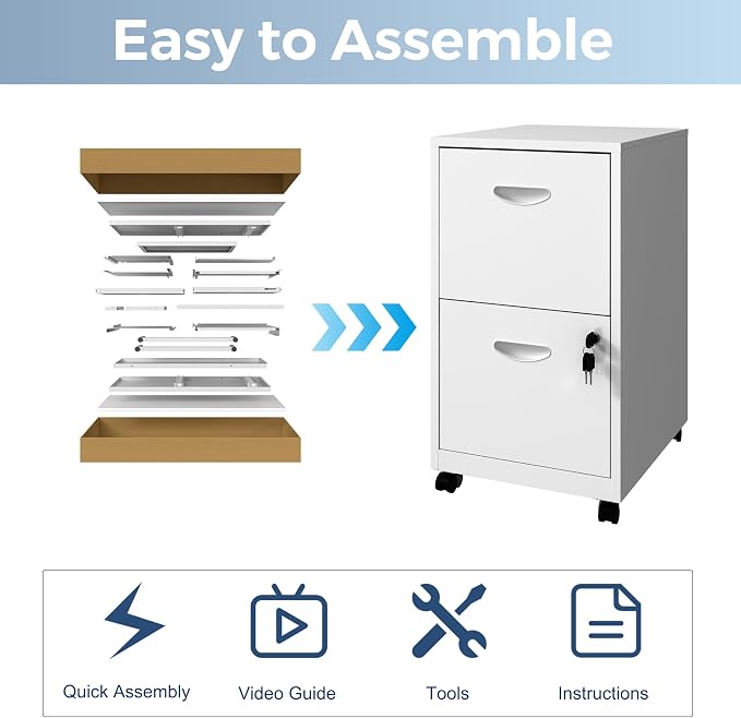 UNICOLY 2 Drawer File Cabinet with Lock, Filing Cabinets with Wheels, Rolling File Cabinets for Home Office, Metal Office File Cabinet, for Holding Letters and File Boxes, Assembly Required, White